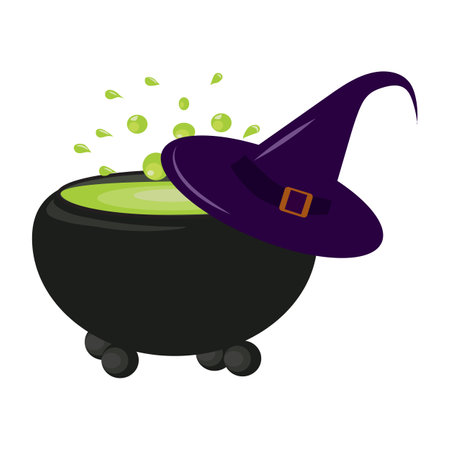Halloween magic cauldron with green potion with boiling magic brew and witches pointed hat. Vector illustration isolated on white background.のイラスト素材