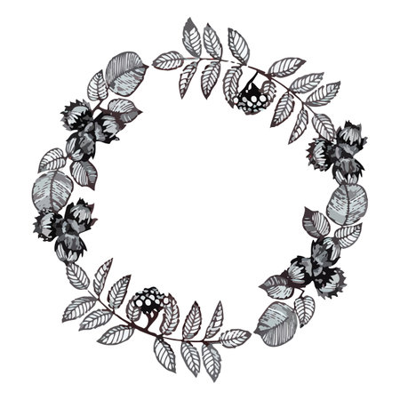 Hand drawn wreath of autumn leaves in doodle style. Vector illustration isolated on white background.のイラスト素材