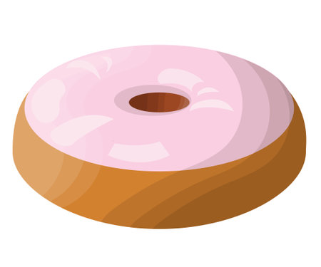 Donut with pink glaze. Round buttery sweet pastries decorated with pink pastry pamada. Delicious national American dessert. Vector illustration isolated on white background.のイラスト素材