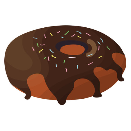 Chocolate donut with glaze. Round buttery sweet pastries decorated with confectionery pamada. Delicious national American dessert. Vector illustration isolated on white background.のイラスト素材