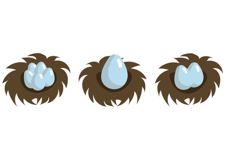Set of bird's nests with eggs in carton style. Simple vector illustration isolated on white background.のイラスト素材