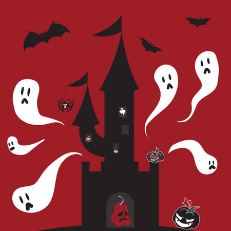 Silhouette of a creepy Halloween castle with ghosts, bats, spiders, pumpkins. Vector illustration on a red background.のイラスト素材