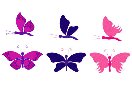 Set of pink and purple butterflies with open and closed wings. Vector illustration in flat style, isolated on white background.のイラスト素材