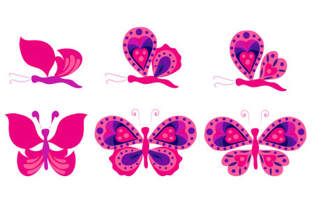 Set of pink and purple butterflies with open and closed wings. Vector illustration in flat style, isolated on white background.のイラスト素材