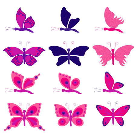 Set of pink and purple butterflies with open and closed wings. Vector illustration in flat style, isolated on white background.のイラスト素材