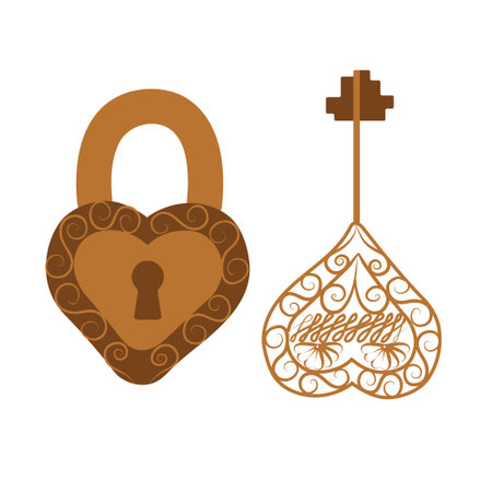 Golden key and lock in the shape of hearts. Concept of strong love. Illustration for Valentine's Day, wedding. Vector illustration isolated on white background.のイラスト素材