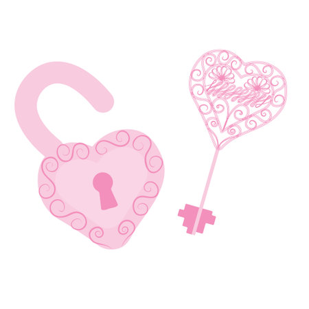 Pink key and lock in the shape of hearts. Concept of strong love. Illustration for Valentine's day, wedding. Vector illustration isolated on white background.のイラスト素材