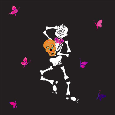 Cute skeleton dancing with sugar skull and pink butterfly. Vector illustration on black background.のイラスト素材