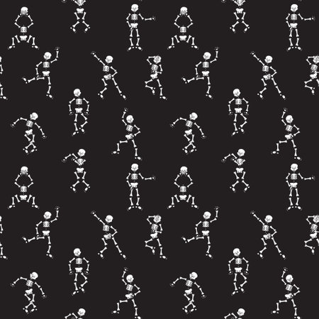Dancing skeletons on a black background. Seamless pattern. Vector illustration.のイラスト素材