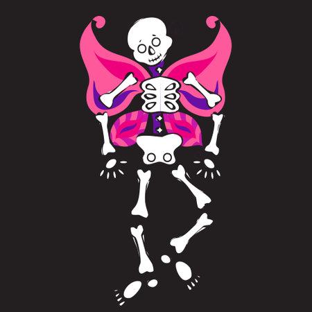 Skeleton with butterfly wings on a black background. Vector illustration.のイラスト素材