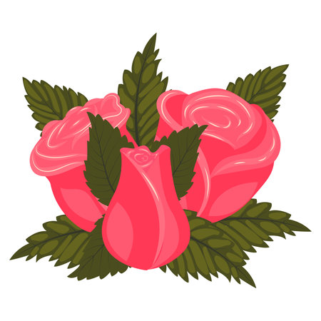 A bouquet of bright pink roses. The composition consists of two flowers, a bud, and leaves. Vector illustration isolated on a white background.のイラスト素材