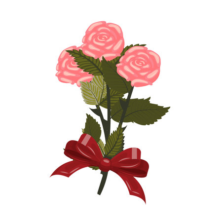 A bouquet of light pink roses tied with a red ribbon. A set of three lush flowers. Vector illustration on a white background.のイラスト素材