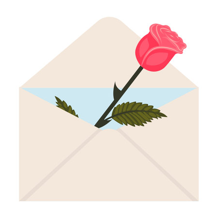 Bright pink rose. A single elegant rose in a mailing envelope. Vector illustration on a white background.のイラスト素材