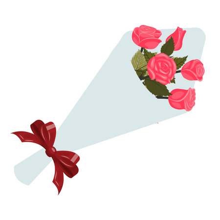 A bouquet of five bright pink roses wrapped in wrapping paper with a red ribbon bow. Vector illustration isolated on a white background.のイラスト素材