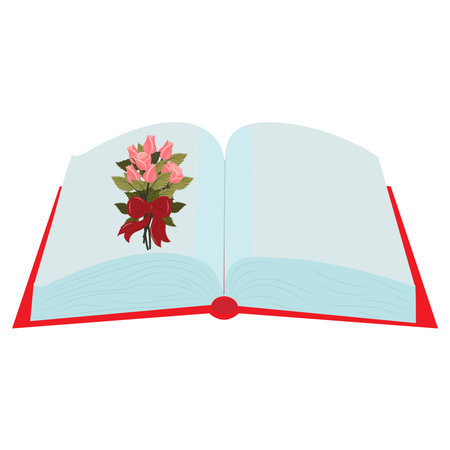 An open book with an elegant bouquet of delicate pink roses tied with a red bow on the page. Vector illustration isolated on a white background.のイラスト素材
