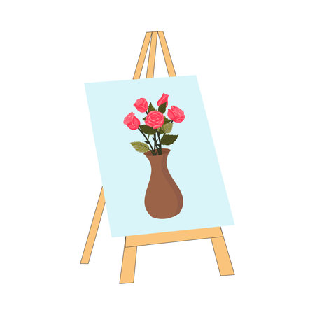Canvas on an easel depicting a bouquet of roses in a vase. Vector illustration isolated on a white background.のイラスト素材
