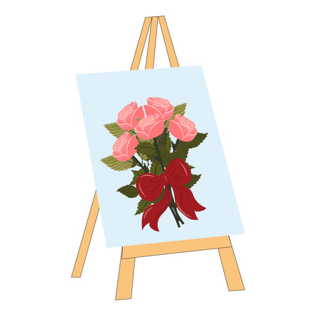 A canvas on an easel depicting a bouquet of soft pink roses tied with a scarlet ribbon. Vector illustration isolated on a white background.のイラスト素材
