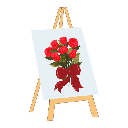 A canvas on an easel depicting a bouquet of bright red roses tied with a scarlet ribbon. Vector illustration isolated on a white background.のイラスト素材