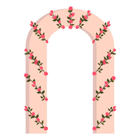 A wedding arch decorated with bright pink roses arranged diagonally across the arch. Vector illustration isolated on a white background.のイラスト素材