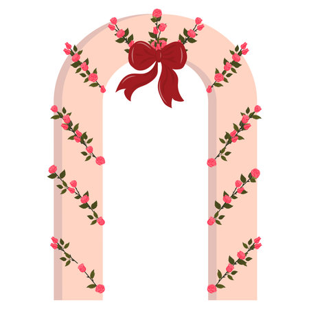 A wedding arch decorated with bright pink roses arranged diagonally across the arch and a large red bow at the top. Vector illustration isolated on a white background.のイラスト素材
