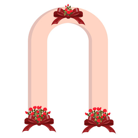 A wedding arch decorated with three bouquets of roses with red bows at the base and top. Vector illustration isolated on a white background.のイラスト素材