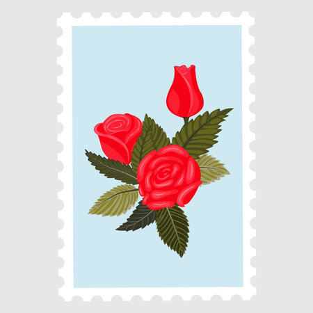 A postage stamp depicting a composition of two lovely red roses and a bud surrounded by leaves. Vector illustration isolated on a gray background.のイラスト素材