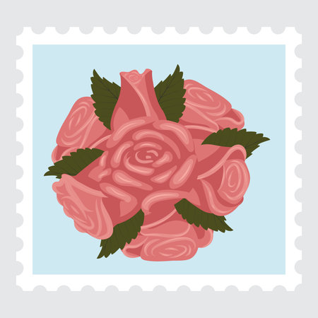 A postage stamp depicting a composition of six dusty pink roses, a bud, and leaves. Vector illustration isolated on a gray background.のイラスト素材