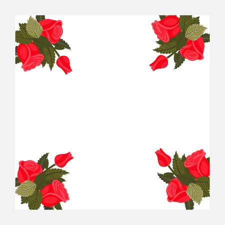 A frame decorated with cute bright red roses at the four corners. Vector illustration isolated on a white background.のイラスト素材