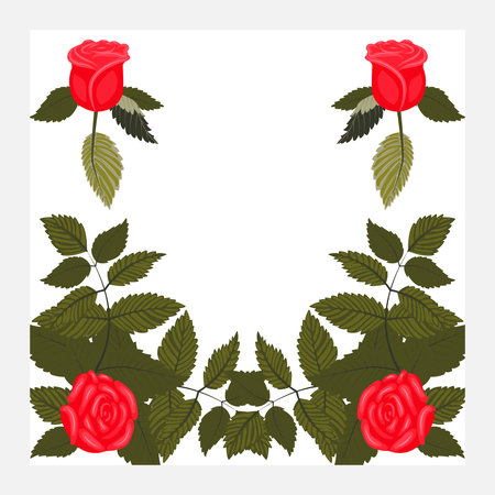 A frame decorated with four bright red roses at the corners. Vector illustration isolated on a white background.のイラスト素材