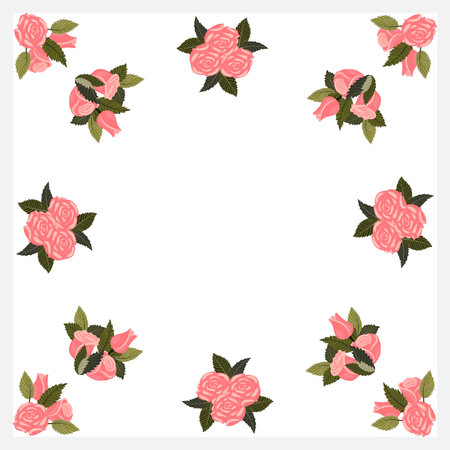 A frame decorated with two light pink roses in each corner and a circle in the center. Vector illustration isolated on a white background.のイラスト素材