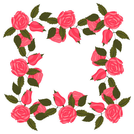 A frame decorated with curly, bright pink roses on all corners and sides. Vector illustration isolated on a white background.のイラスト素材
