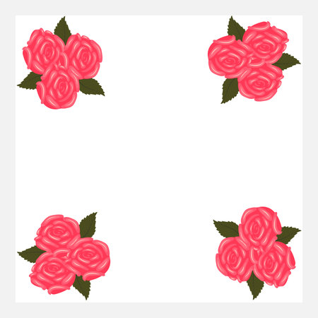 A frame decorated with lush, bright pink roses in the four corners. Vector illustration isolated on a white background.のイラスト素材