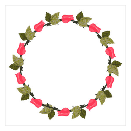 A frame decorated with a wreath of bright pink rosebuds on a stem. Vector illustration isolated on a white background.のイラスト素材