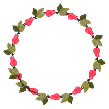 A wreath of bright pink rosebuds on a stem for your design. Vector illustration isolated on a white background.のイラスト素材