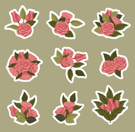 A set of dusty pink rose stickers. Vector illustration.のイラスト素材
