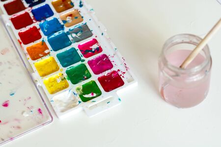 bright watercolor paints on light background. watercolor background. bright watercolor paletteの写真素材