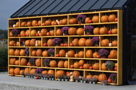 Large display of pumpkins and potted chrysanthemums arranged on wooden shelves against a rustic building. Concept of seasonal decoration, autumn gardening, and festive countryside lifeの写真素材