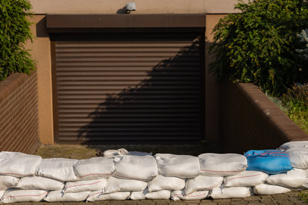 Stacked sandbags securing a garage entrance against potential water damage during flood season. Property protection, flood defense, and emergency preparedness in urban environmentsの写真素材