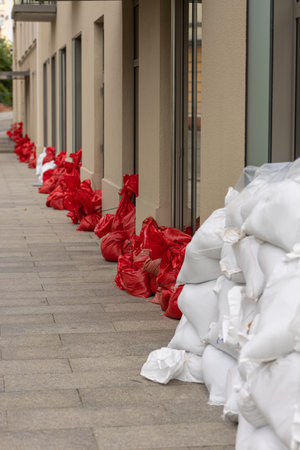Protective sandbags strategically placed outside residential and commercial buildings to defend against floodwaters. Urban flood preparedness and property safetyの写真素材