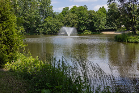 Serene view of a peaceful lake surrounded by lush greenery with a fountain spraying water in the center on a sunny day. Tranquility, natural beauty, relaxation and outdoor recreationの写真素材