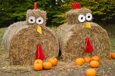 Creative straw bale sculptures shaped like chickens with orange pumpkins scattered around, set against a vibrant autumn background. Fall harvest, rural art, and seasonal decorationsの写真素材