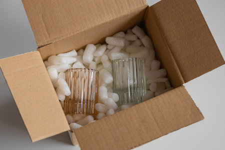Fragile glassware in pastel shades carefully packed with protective foam peanuts inside an open...