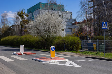 Urban road with freshly painted pedestrian crossing and temporary traffic signs under spring blossom trees in residential area. City safety, infrastructure improvement and pedestrian awarenessの写真素材