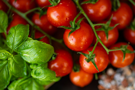Fresh ripe cherry tomatoes on vine with vibrant green basil leaves covered in water droplets in natural light. Organic farming, healthy eating, fresh produce and kitchen herbs gardenの写真素材