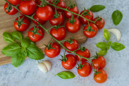 Fresh cherry tomatoes on the vine with green basil leaves and garlic cloves on light background, symbol of Italian cuisine and healthy organic diet. Farm produce and Mediterranean cookingの写真素材