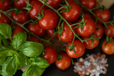 Close-up of fresh cherry tomatoes on the vine with basil leaves and sea salt on dark background. Vitamin-rich food, natural source of vitamin K for cardiovascular health and heart supportの写真素材