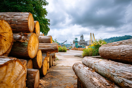 Logs are stacked in a lumber yard, highlighting the rich textures of wood, with industrial machinery and a cloudy sky creating an atmospheric sceneの素材