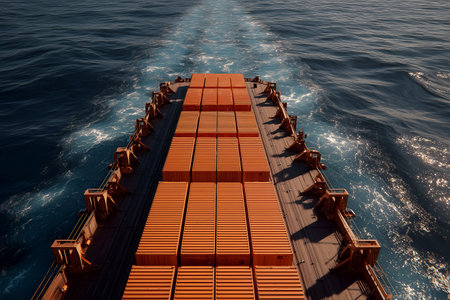 Cargo ship is moving through deep blue ocean waters, with rows of orange shipping containers prominently displayed on deck, creating a vibrant scene against the shimmering waves and expansive horizonの素材