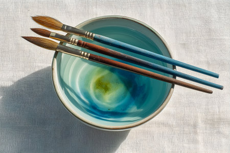 Artistic arrangement of paintbrushes resting in a crafted bowl with a swirling blue and green design, showcasing creativity and inspiration for artists and art enthusiasts in a serene settingの素材