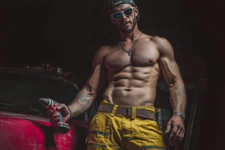 Athletic male figure in sunglasses and yellow work pants, confidently holding a power drill in a dark garage, highlighting his muscular physique and the gritty atmosphere of the workspaceの素材